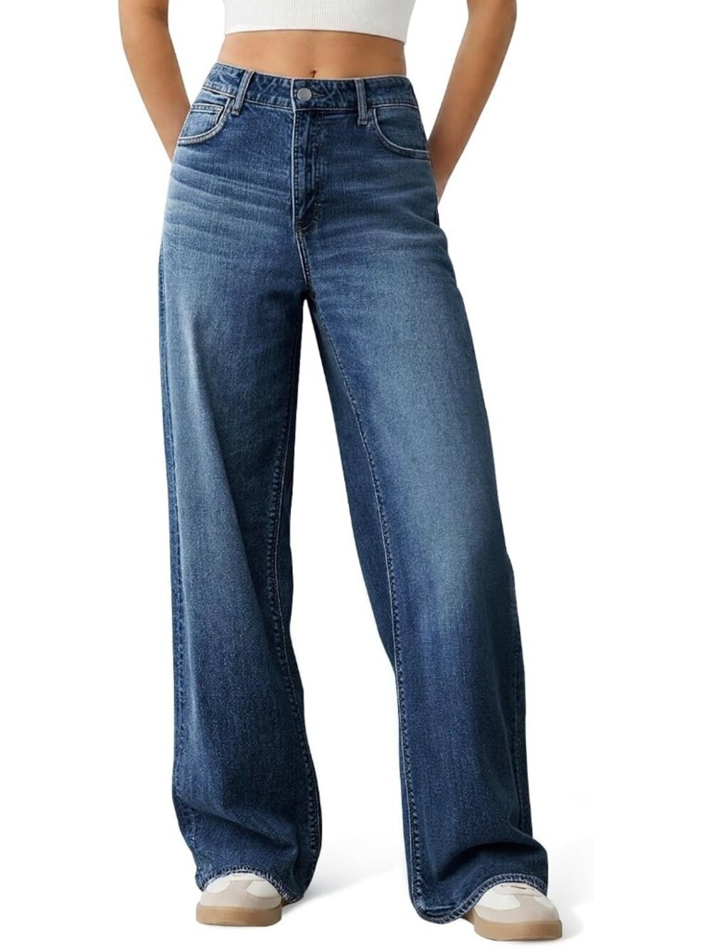 Women's Dark Blue High Waisted Baggy Loose Straight Denim Pants Wide Leg Jeans - Picture 1 of 6